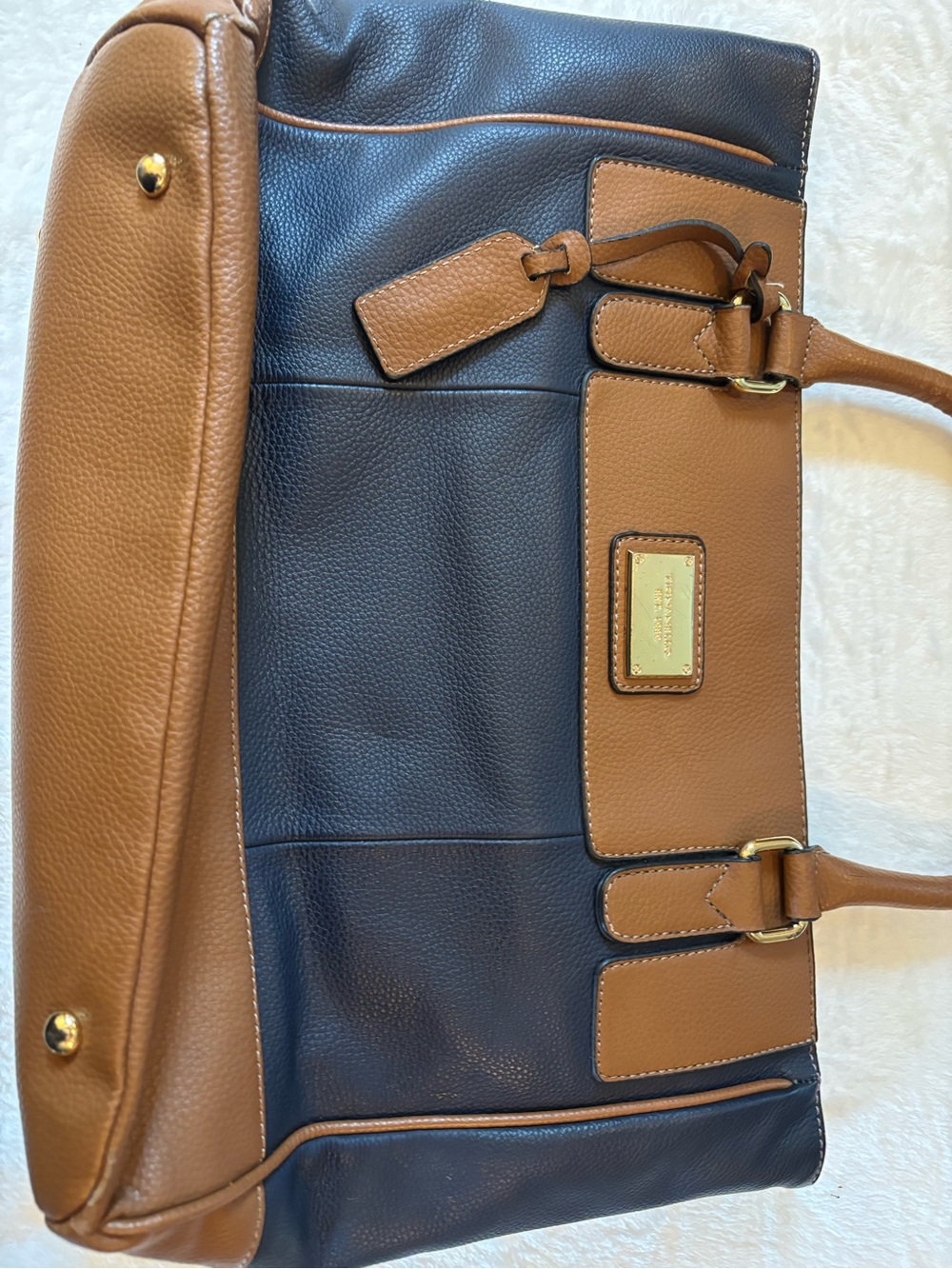 Two-Tone Navy and Brown Leather Tote Bag by Tiganello